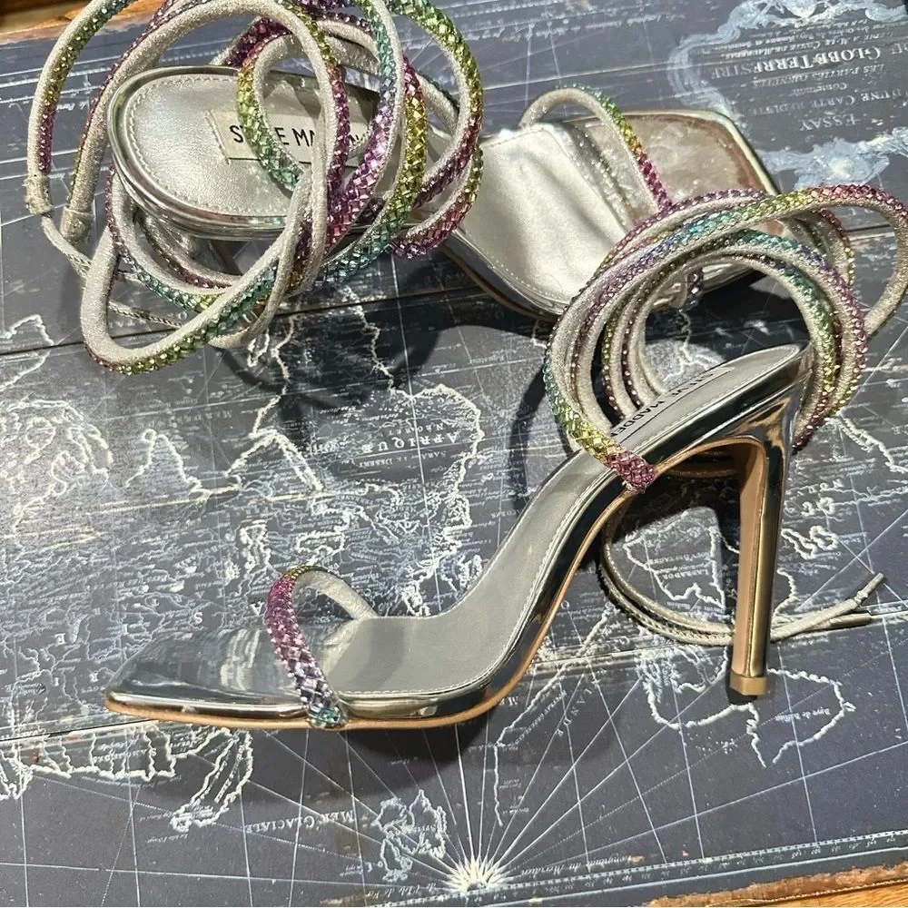 Steve Madden Uplift‑R Rainbow Rhinestone Wrap Heels – Silver – Size 9.5M